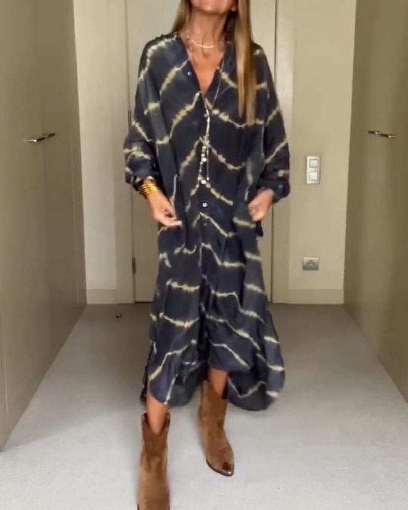 BOMEA Boho Stripe Long Sleeve Dress – Casual Flowy Maxi Dress for Women with Vintage Vibes
